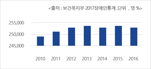 <출처: 보건복지부 2017장애인통계, 단위: 명> 2010년 249천명, 2011년 251천명, 2012년 252천명, 2013년 253천명, 2014년 253천명, 2015년 253천명, 2016년 252천명